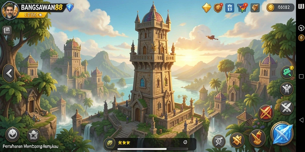Tampilan gameplay seru di BANGSAWAN88 dengan menara yang strategis.