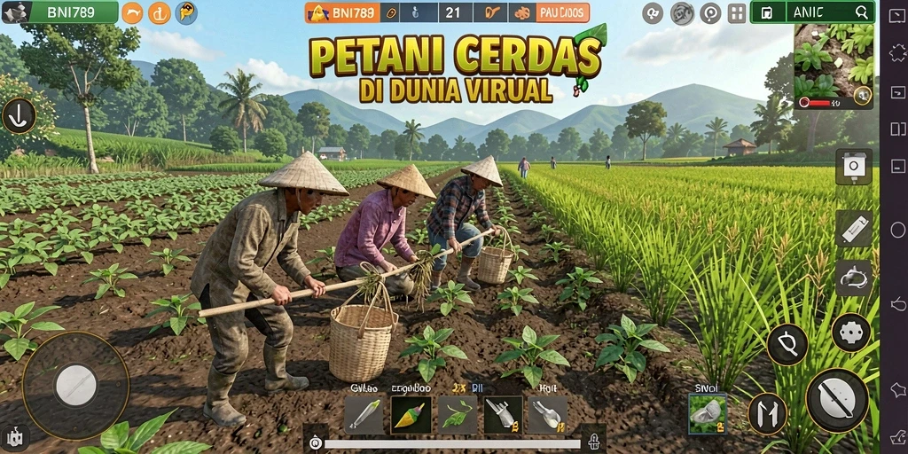 Tampilan gameplay BNI789 dengan aktivitas bertani yang seru.