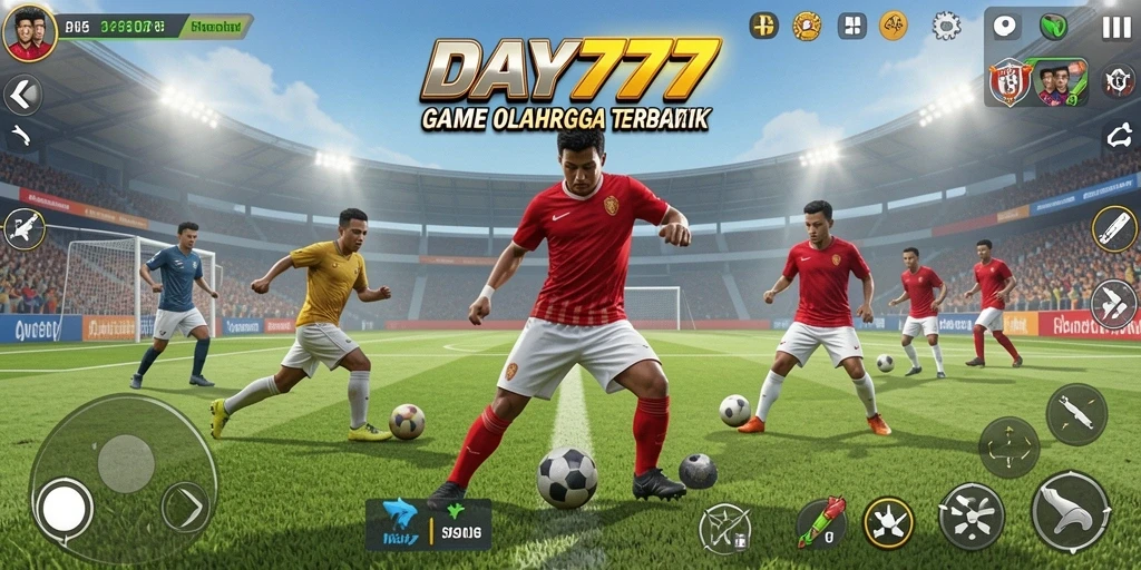 Screenshot utama DAY777 menampilkan aksi seru di lapangan olahraga.