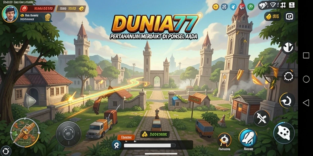 Screenshot gameplay DUNIA77 menampilkan menara melawan gelombang musuh.