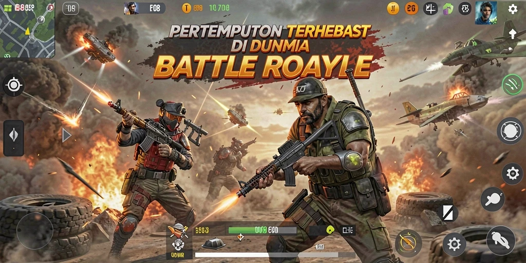 Tangkapan layar gameplay F08 yang menampilkan aksi Battle Royale yang intens.