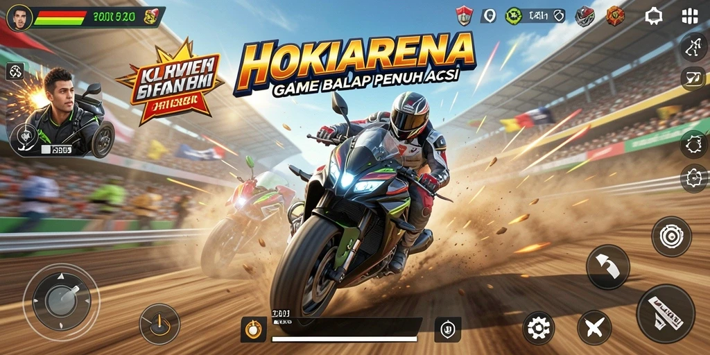 Tampilan menegangkan gameplay HOKIARENA dalam balapan yang seru.