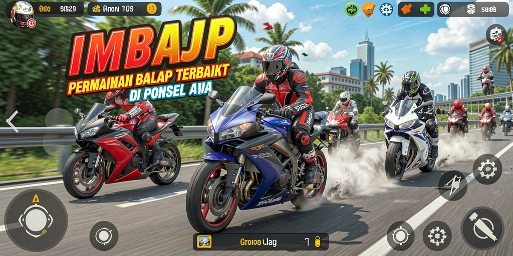 Tangkapan layar gameplay IMBAJP menampilkan aksi balap motor yang seru.