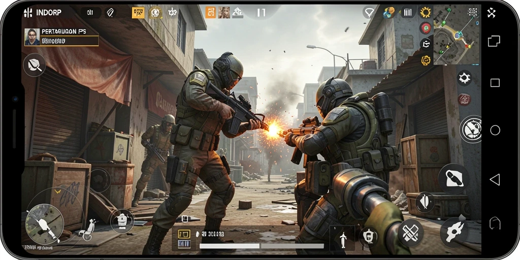 Screenshot gameplay INDORP dengan aksi tembak-tembak yang intens.
