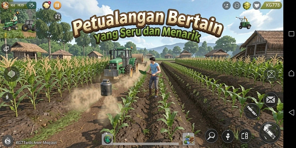 Screenshot gameplay KG778 menampilkan kebun yang subur dan pemandangan alam yang indah.