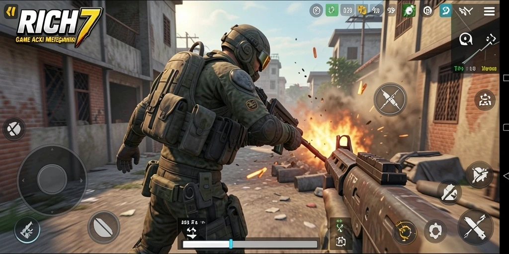 Tampilan gameplay RICH7 dengan aksi tembak-menembak seru.